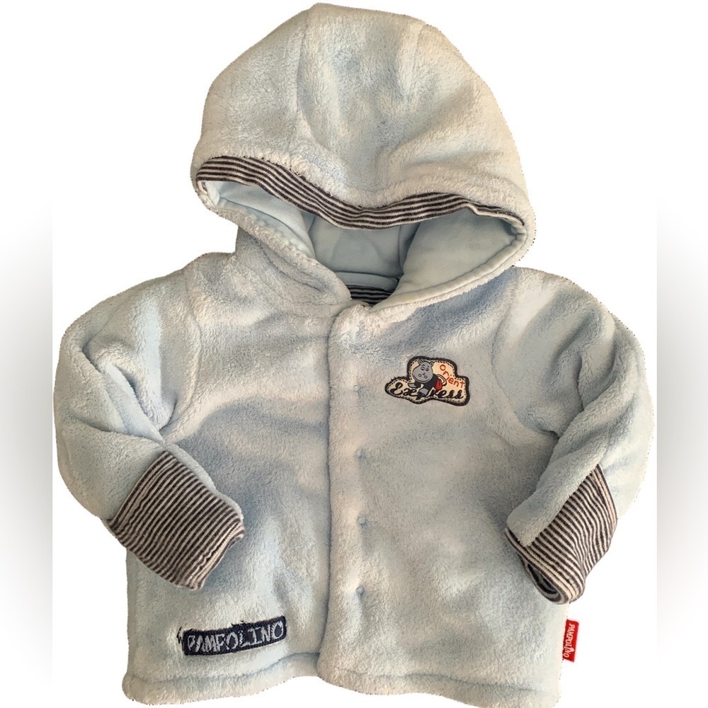 Pampolino Baby Blue Hooded Fuzzy Warm Jacket with Striped Accents & Hand Mittens